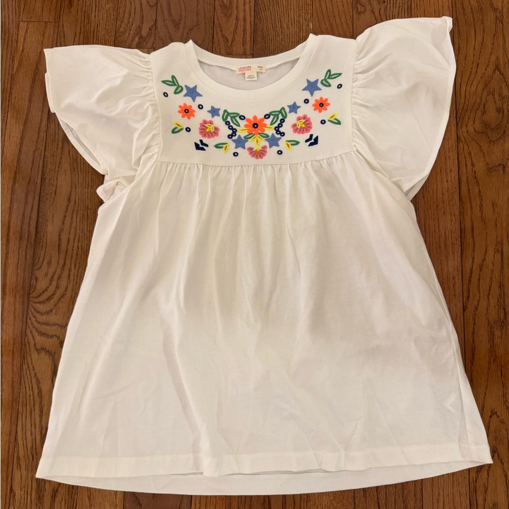 Crewcuts Everyday White Embroidered Flutter Sleeve Top, Size 14, Big Girls